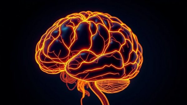 Neon brain illustration highlighting neural pathways and aging brain cells.