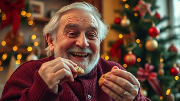 Festive man eating cookies surrounded by holiday decor.