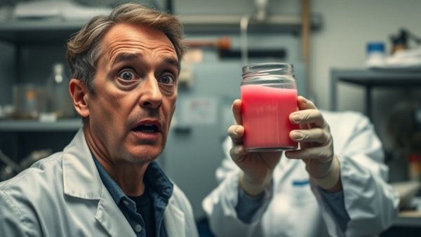 Health industry scams: Unidentified shocked man with can in lab