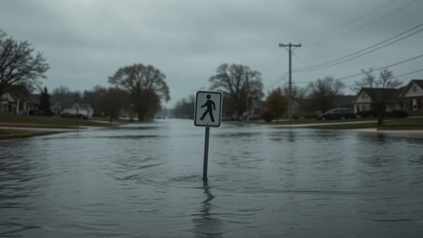 California flooding crisis: submerged street under overcast sky.