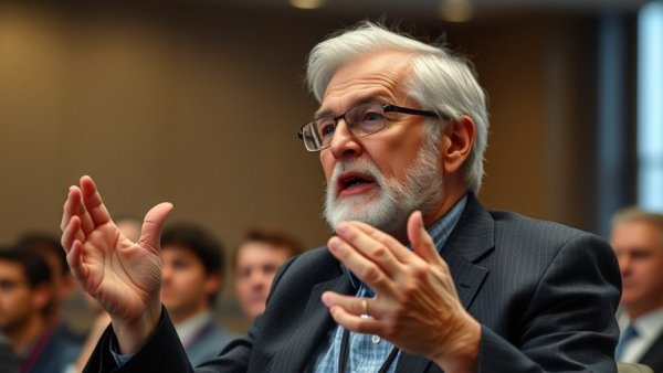Elderly speaker sharing healthy aging tips in a conference setting.