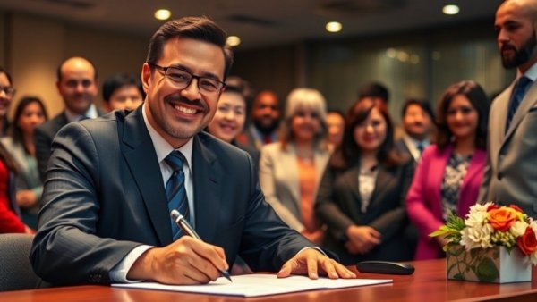 DOJ lawsuit Illinois immigration protection law: Official signing document, surrounded by people.