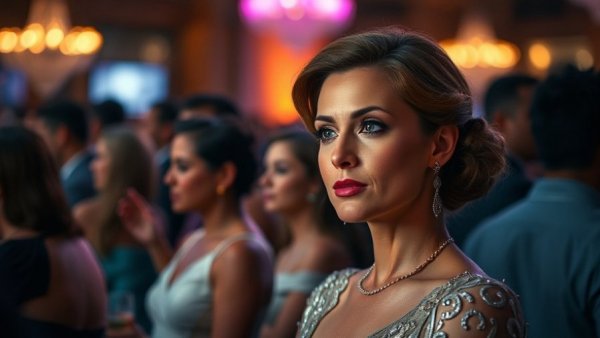 Elegantly dressed woman at social event, tense expression, toxic in-laws context.