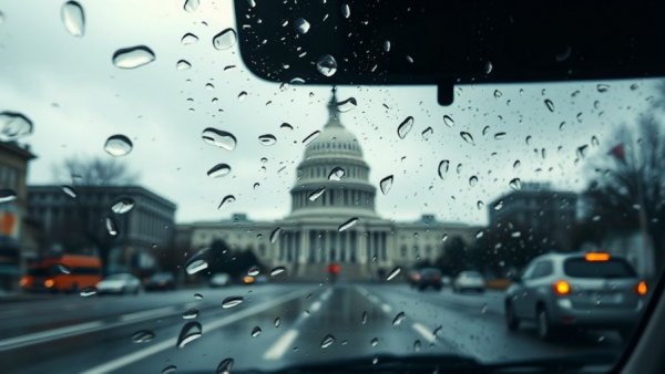 Rainy view of U.S. Capitol through vehicle window, symbolizing Texas congressional turnover.
