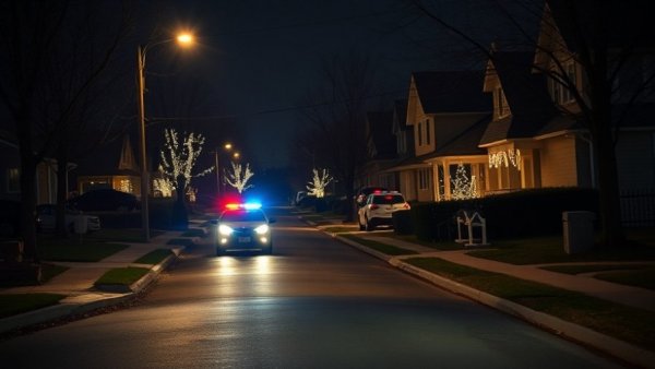 Police car on suburban street at night with festive lights, Austin crime news.
