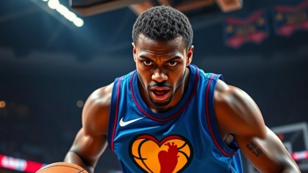 NBA's top plays highlights, focused basketball player in action, vibrant colors.