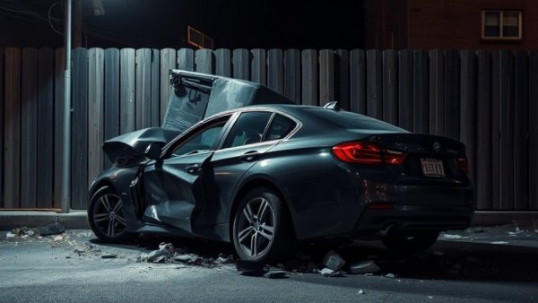 Houston police investigating deadly crash scene with damaged car and structure.