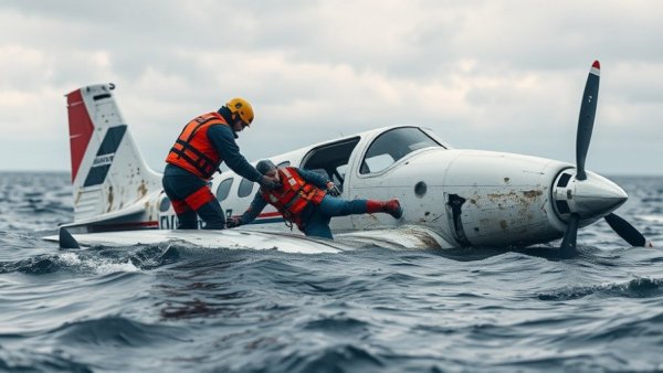 Intense rescue scene from Galveston Bay plane crash with rescuers in action.