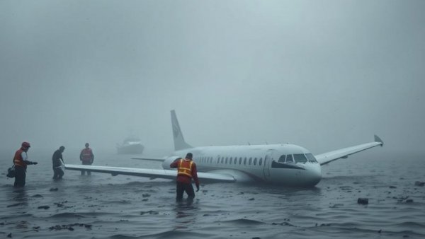 Galveston Plane Crash rescue scene with fog and debris.