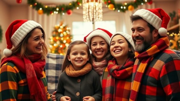 Happy family in festive attire smiling in a holiday setting.