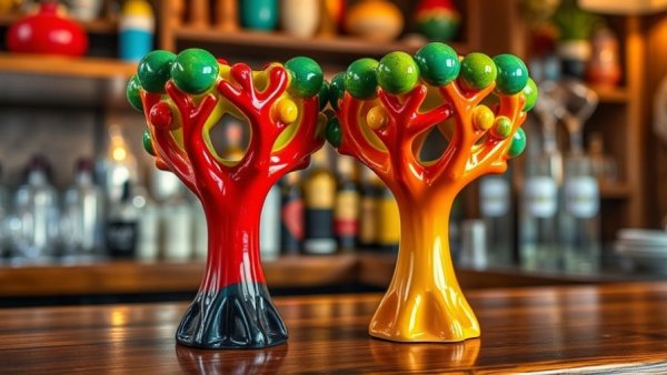Whimsical tree glasses adorn a San Antonio bar, capturing nightlife charm.
