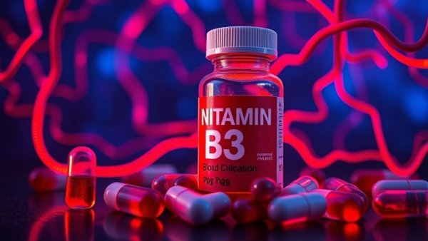 Niacin vitamin B3 benefits illustration with improved blood flow theme.