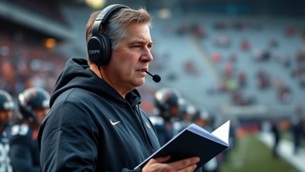 Focused coach on sidelines, wearing headset, holding playbook.