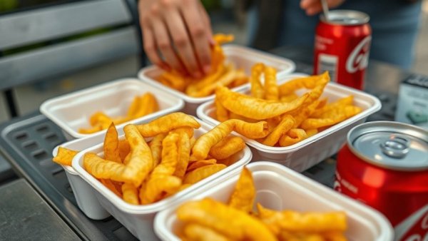 Casual outdoor dining with chips in takeaway containers and soda cans.