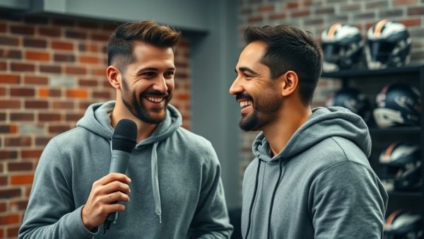 Man speaking in studio with sports helmets, Houston Texans December wins.