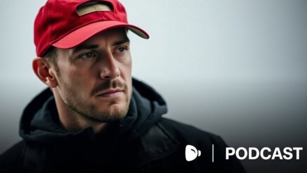 Man on podcast cover discussing Michigan coaching search Kalen DeBoer.