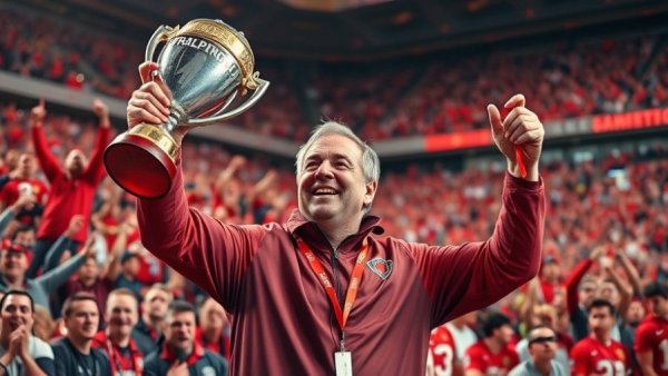 Triumphant coach celebrates G5's inclusion in the CFP with trophy in crowded stadium.