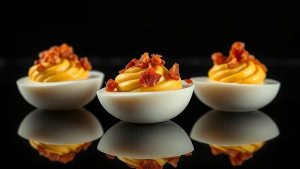 Gourmet deviled eggs Dallas with bacon and cheese.