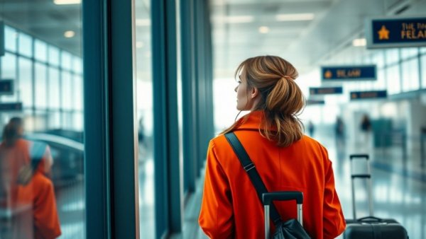 Holiday air travel passenger rights - woman in airport with luggage.