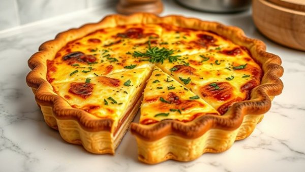Italian Christmas Quiche, golden brown with herbs, sliced on marble.