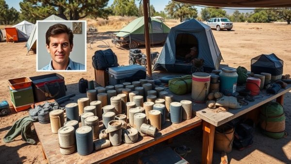 Mysterious outdoor setup with tables and camping gear, related to Turtle Island Liberation Front.