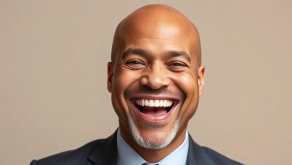 Cheerful bald man in a suit with a neutral backdrop.