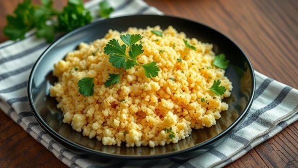 Cauliflower couscous garnished with parsley on a black plate.
