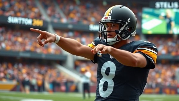Football player in gesture, vibrant stadium setting.