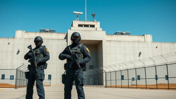 Massive security facility with armed guards illustrating Trump's immigration policy and due process.