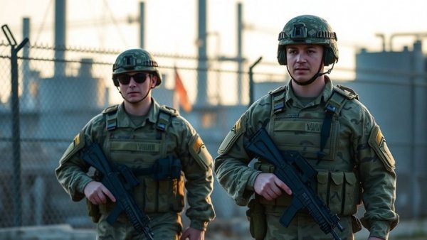 Texas National Guard soldiers on patrol in industrial setting.