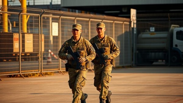 Texas National Guard soldiers walking near a fenced industrial area.