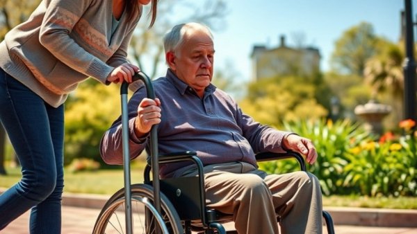 Age affects recovery from spinal cord injury shown by man in wheelchair assisted by person walking.