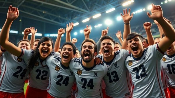 HIRE HAUSER ecstatic football team celebrating victory indoors.