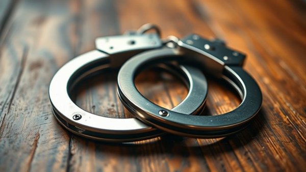 Handcuffs on table symbolizing crime and arrest.