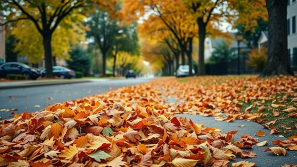 Fresno autumn scene as city prepares for flooding with fallen leaves.