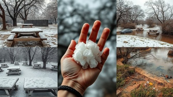 San Antonio weather events collage showing snow, hail, and flooding.