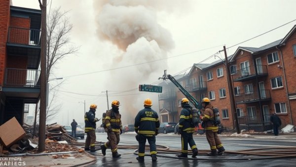 Pennsylvania nursing home explosion scene with firefighters managing smoke and flames.