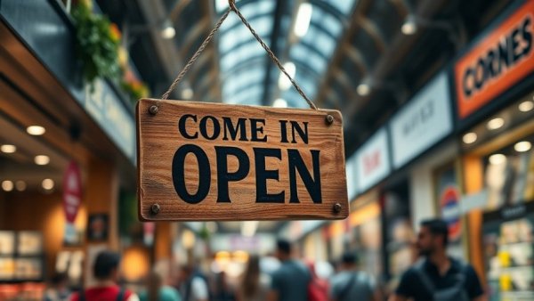 Stores Open Christmas Day 2025: Inviting open sign in a lively store.