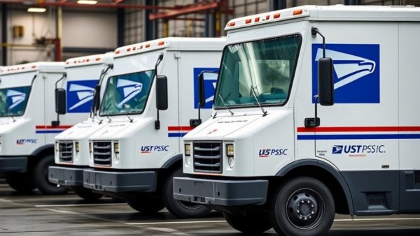 USPS delivery trucks showing logos and website, close-up view.