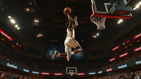 Exciting NBA highlights featuring a mid-air dunk, intense action.