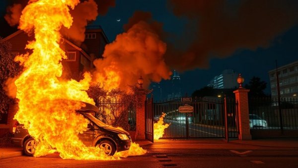 Intense warehouse fire in Houston with vehicle engulfed in flames.