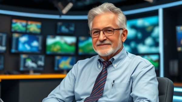 Dr. Neil Frank in a studio setting with weather monitors.