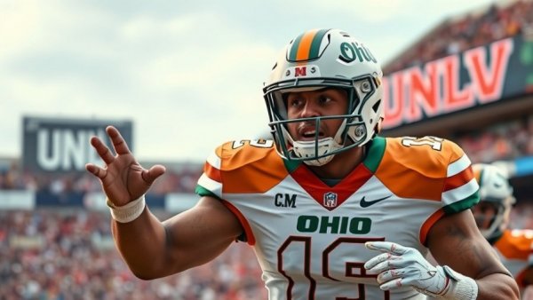 Ohio Bobcats player gesturing with team logos, Frisco Bowl Highlights.