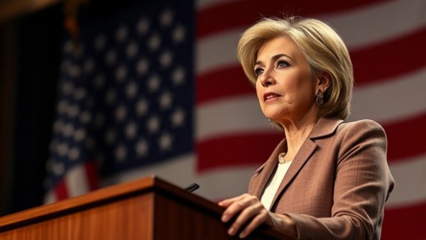 Woman speaking at podium during Texas comptroller GOP primary fundraising event.