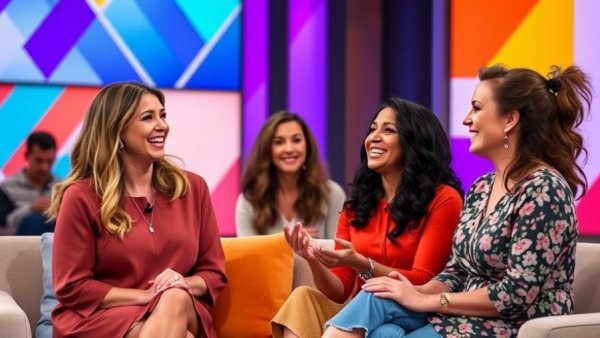 Two women smiling during a talk show, falling in love moment vibe.