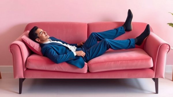 Relaxation tip: Elevate legs on a pink sofa for health and wellness.