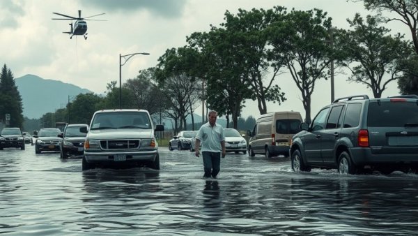 Texas flood damage liability highlighted by street flooding and vehicles.