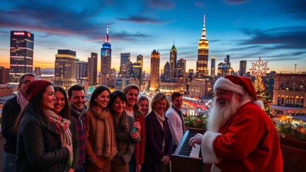 Colorful collage of Christmas events in Houston including city skyline and Santa.