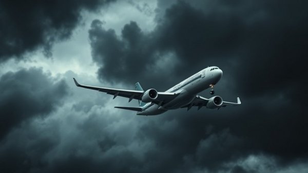 Airplane navigates severe weather during holiday travel, dark clouds.