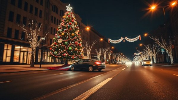 Kazakhstan driver crashes into Christmas tree on city street at night.